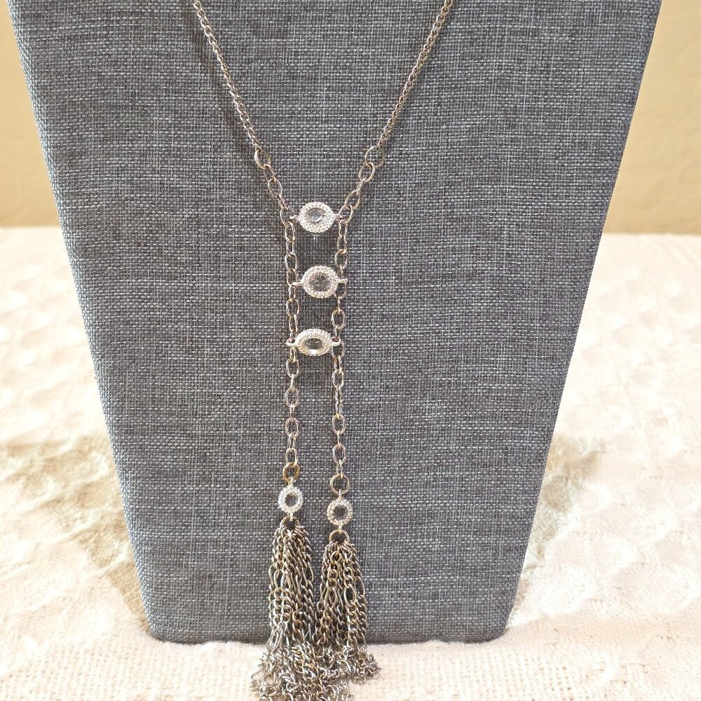 Vintage Silver Tassle Western Style Stone Accents Long 29" Retro Light Necklace
